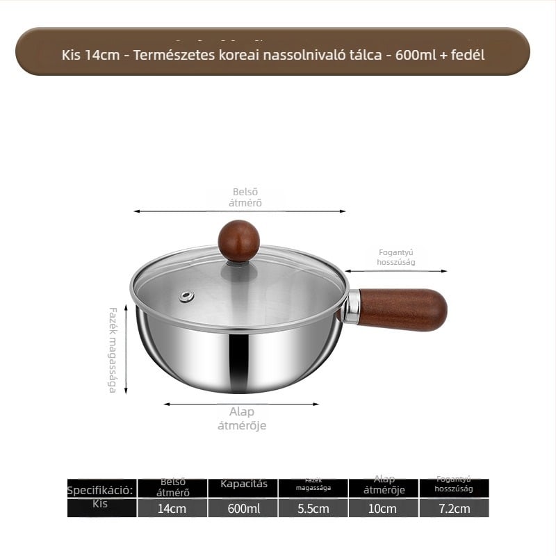304 rozsdamentes acél tejfazék fab fogantyúval, bevonat nélkül, üvegfedél, egylapos alj