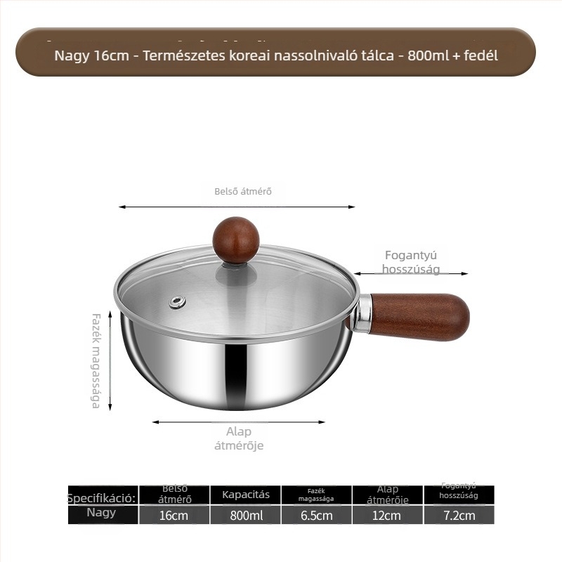304 rozsdamentes acél tejfazék fab fogantyúval, bevonat nélkül, üvegfedél, egylapos alj