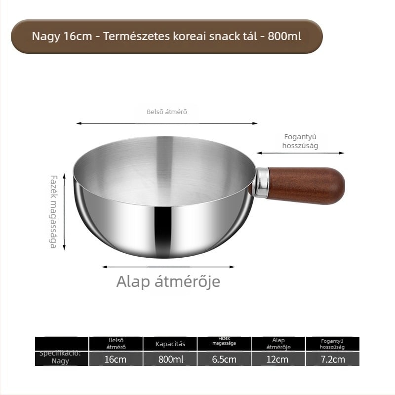 304 rozsdamentes acél tejfazék fab fogantyúval, bevonat nélkül, üvegfedél, egylapos alj