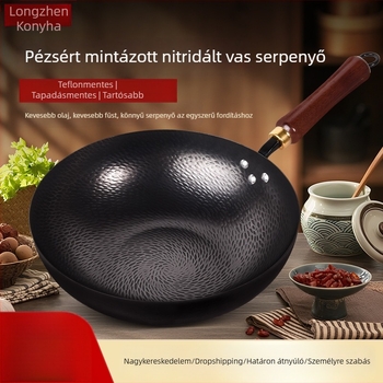 Kalapált vas wok, bevonat nélkül, tapadásmentes felület, sík alj, rozsdamentes acél fedél