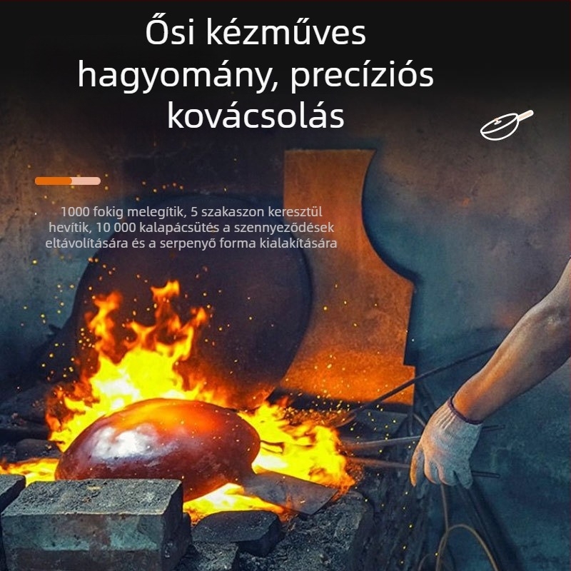 Kalapált vas wok, bevonat nélkül, tapadásmentes felület, sík alj, rozsdamentes acél fedél