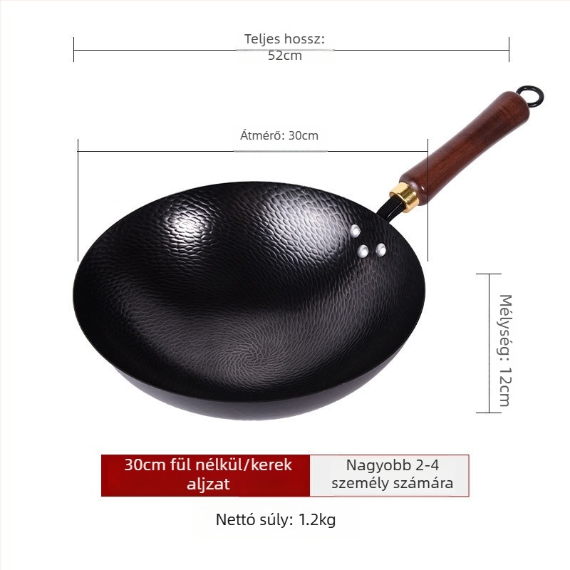 Kalapált vas wok, bevonat nélkül, tapadásmentes felület, sík alj, rozsdamentes acél fedél