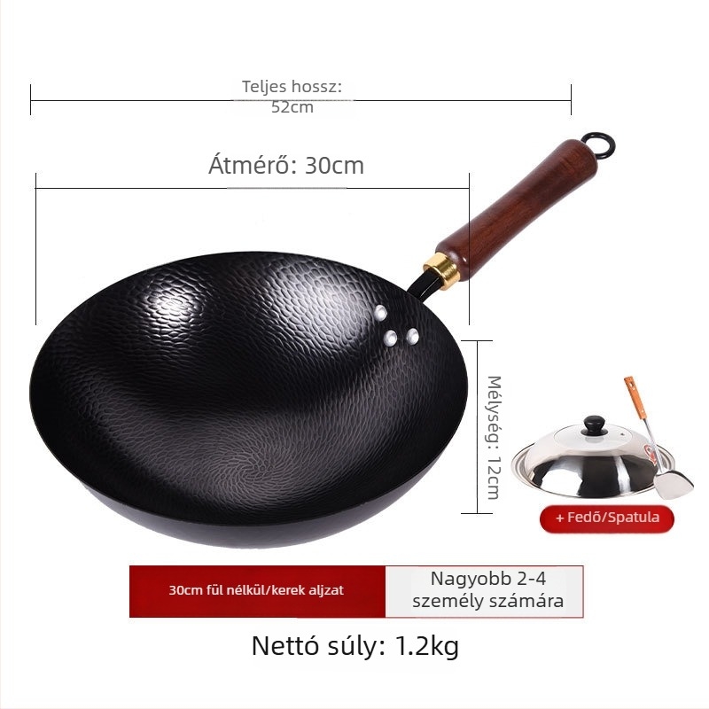 Kalapált vas wok, bevonat nélkül, tapadásmentes felület, sík alj, rozsdamentes acél fedél