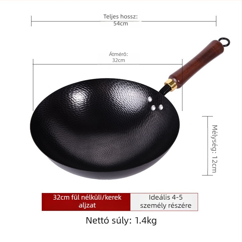 Kalapált vas wok, bevonat nélkül, tapadásmentes felület, sík alj, rozsdamentes acél fedél