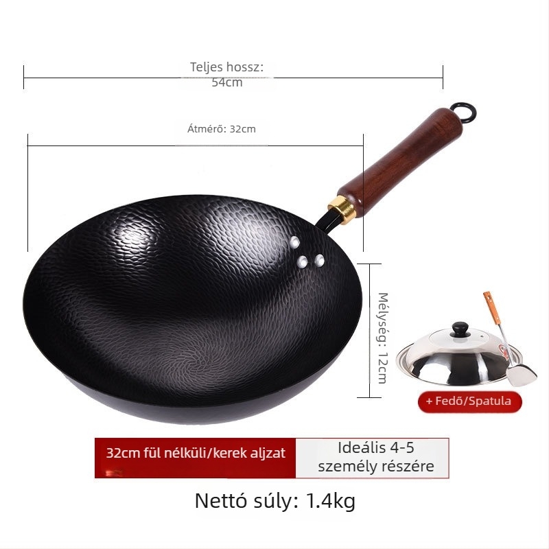 Kalapált vas wok, bevonat nélkül, tapadásmentes felület, sík alj, rozsdamentes acél fedél