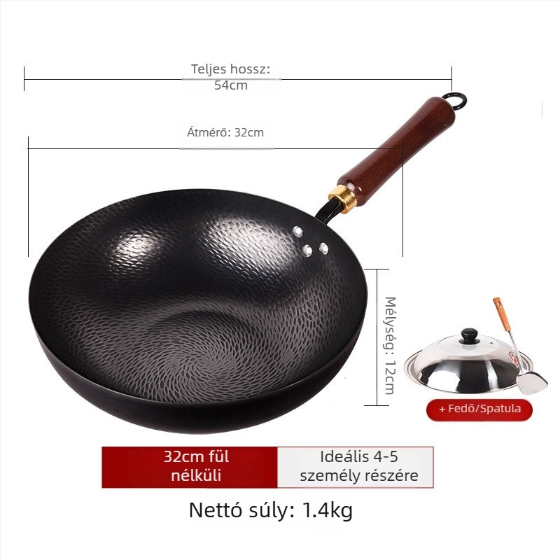 Kalapált vas wok, bevonat nélkül, tapadásmentes felület, sík alj, rozsdamentes acél fedél
