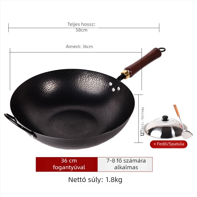 Kalapált vas wok, bevonat nélkül, tapadásmentes felület, sík alj, rozsdamentes acél fedél
