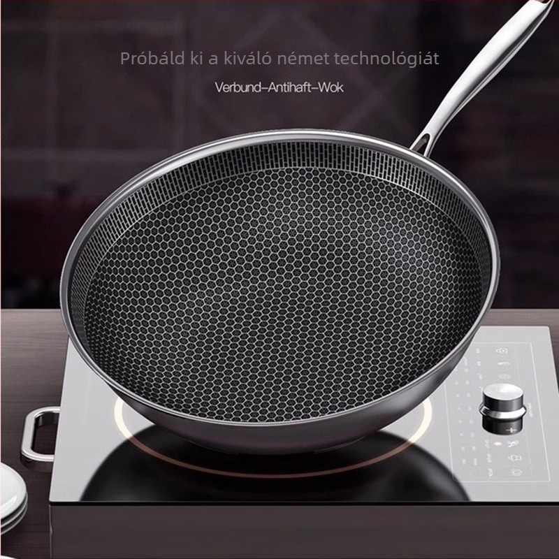 304 rozsdamentes acél wok, méhsejt mintázat, tapadásmentes bevonat, plazmaspray bevonat, egyetlen aljzat