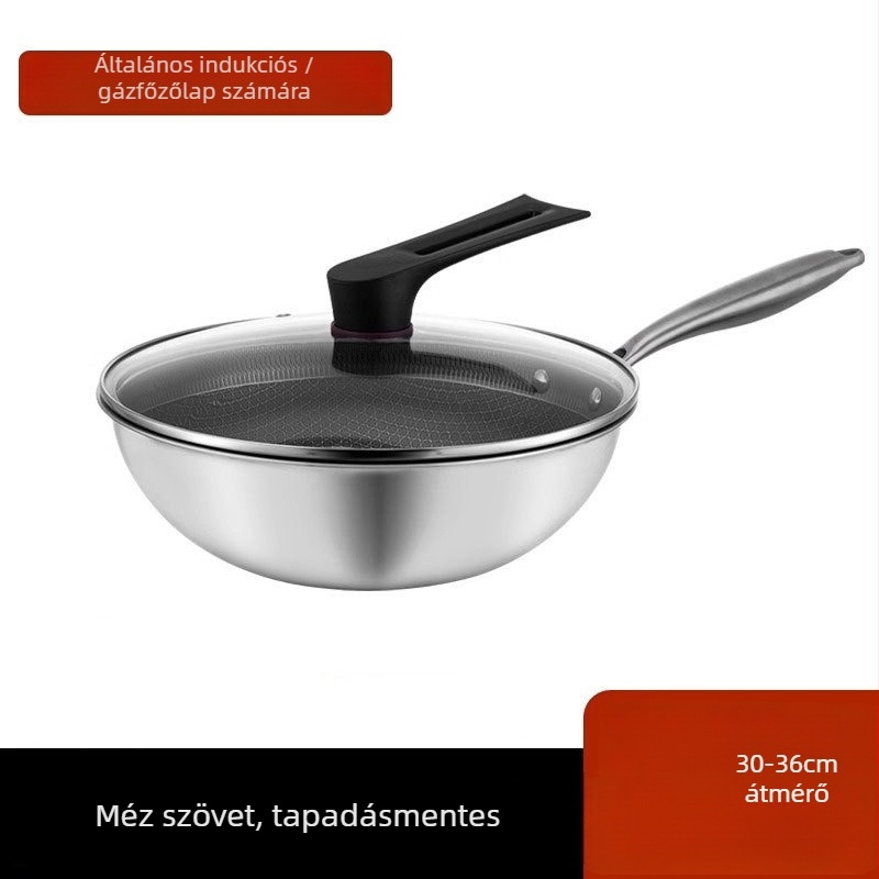 304 rozsdamentes acél wok, méhsejt mintázat, tapadásmentes bevonat, plazmaspray bevonat, egyetlen aljzat