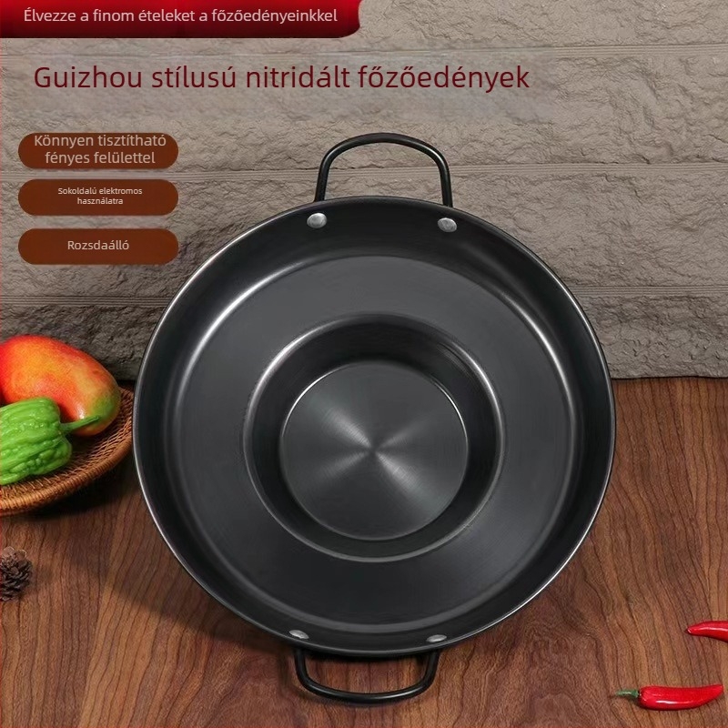 Nitridált vastított kovácsoltvas serpenyő, rozsdamentes, bevonat nélküli, modell DHLG002, alkalmas gáztűzhelyhez és indukciós főzőlaphoz