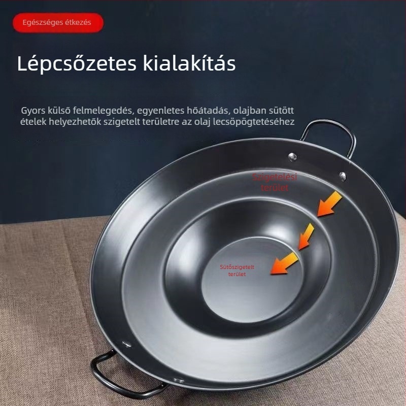 Nitridált vastított kovácsoltvas serpenyő, rozsdamentes, bevonat nélküli, modell DHLG002, alkalmas gáztűzhelyhez és indukciós főzőlaphoz