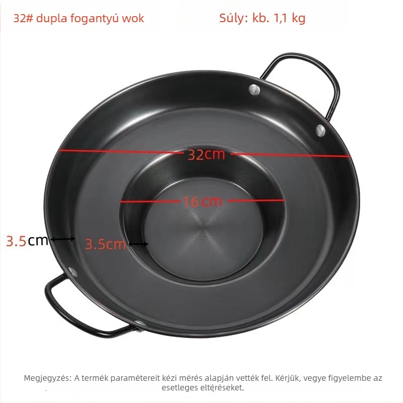Nitridált vastított kovácsoltvas serpenyő, rozsdamentes, bevonat nélküli, modell DHLG002, alkalmas gáztűzhelyhez és indukciós főzőlaphoz