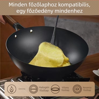 Nitridálással kezelt finomított vasból készült wok, bevonat nélkül, modell TG001, súly 3,2 kg