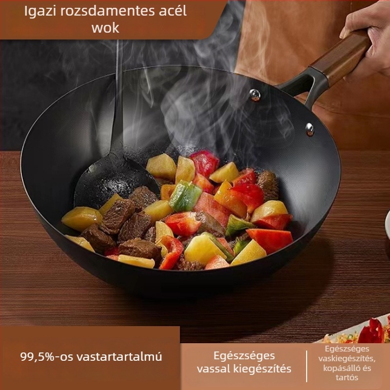 Nitridálással kezelt finomított vasból készült wok, bevonat nélkül, modell TG001, súly 3,2 kg