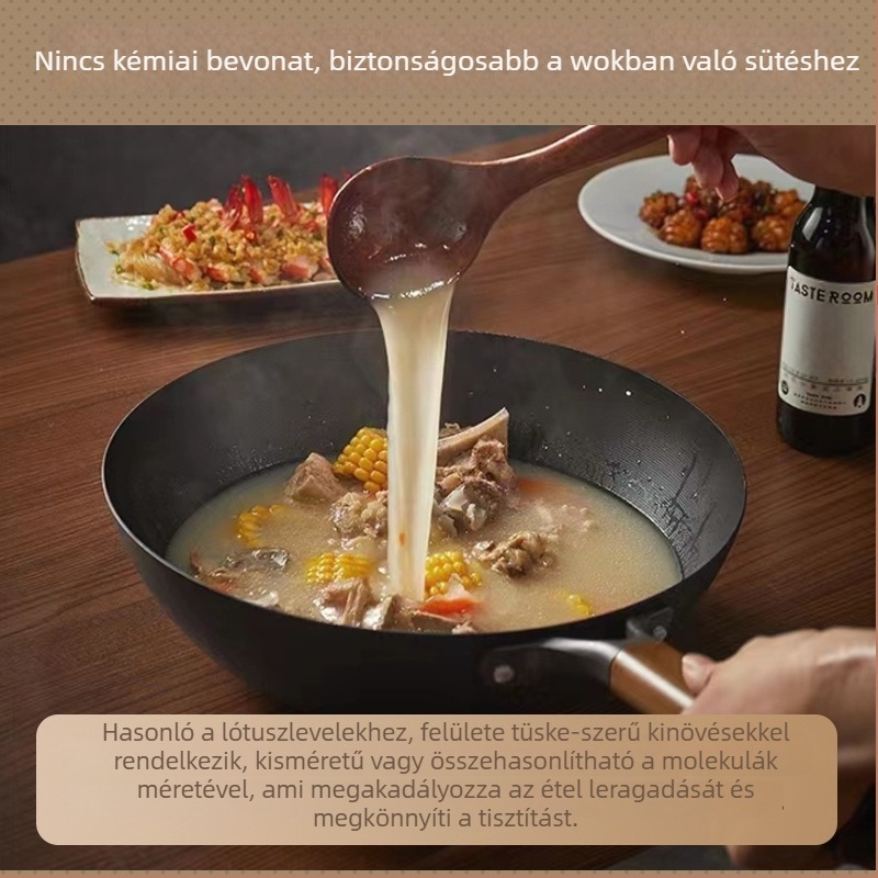 Nitridálással kezelt finomított vasból készült wok, bevonat nélkül, modell TG001, súly 3,2 kg