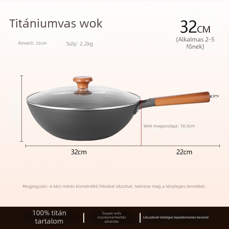 Nitridálással kezelt finomított vasból készült wok, bevonat nélkül, modell TG001, súly 3,2 kg
