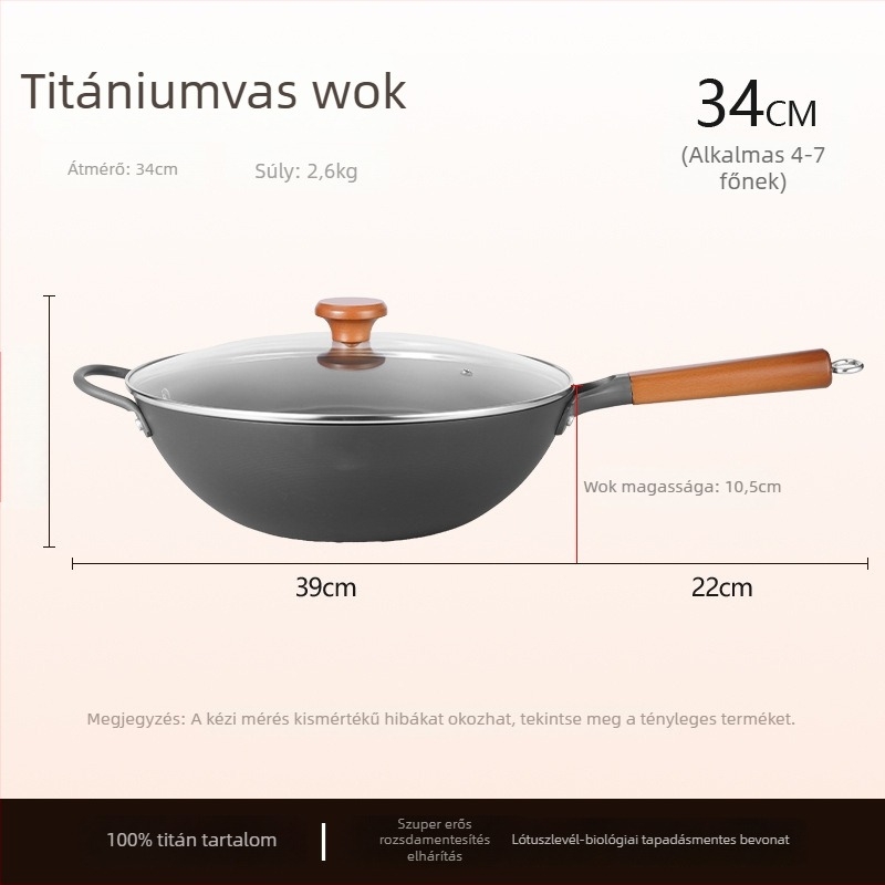Nitridálással kezelt finomított vasból készült wok, bevonat nélkül, modell TG001, súly 3,2 kg