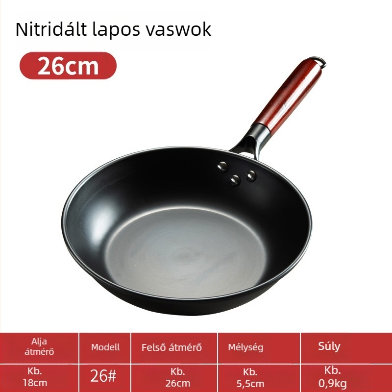 Nitridált lapos serpenyő finomvasból, egyaljú aljzattal, megfelelő gáz- és indukciós főzőlapokhoz, 1–3 kg