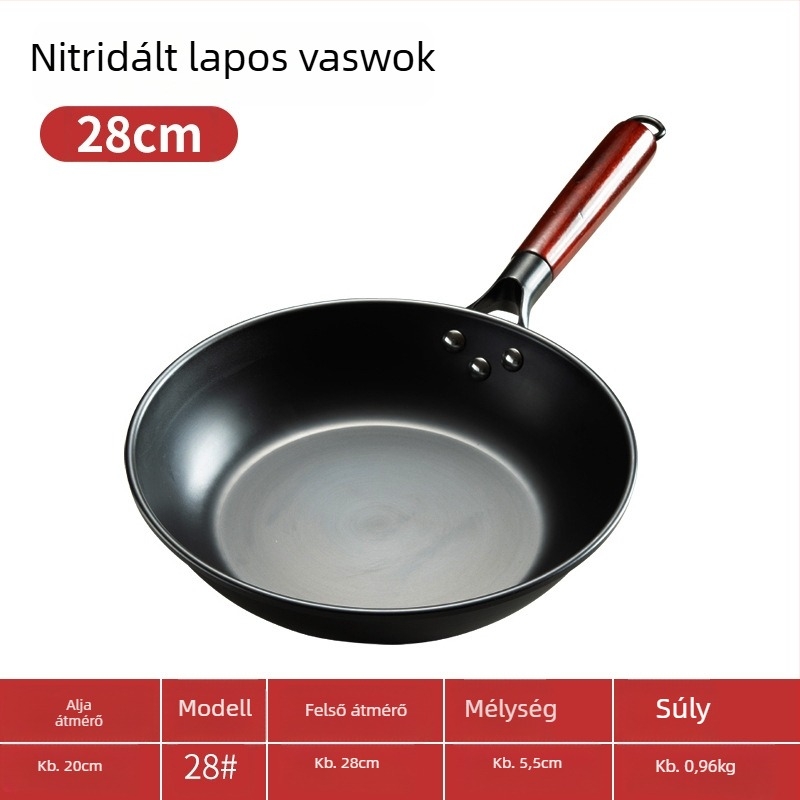 Nitridált lapos serpenyő finomvasból, egyaljú aljzattal, megfelelő gáz- és indukciós főzőlapokhoz, 1–3 kg
