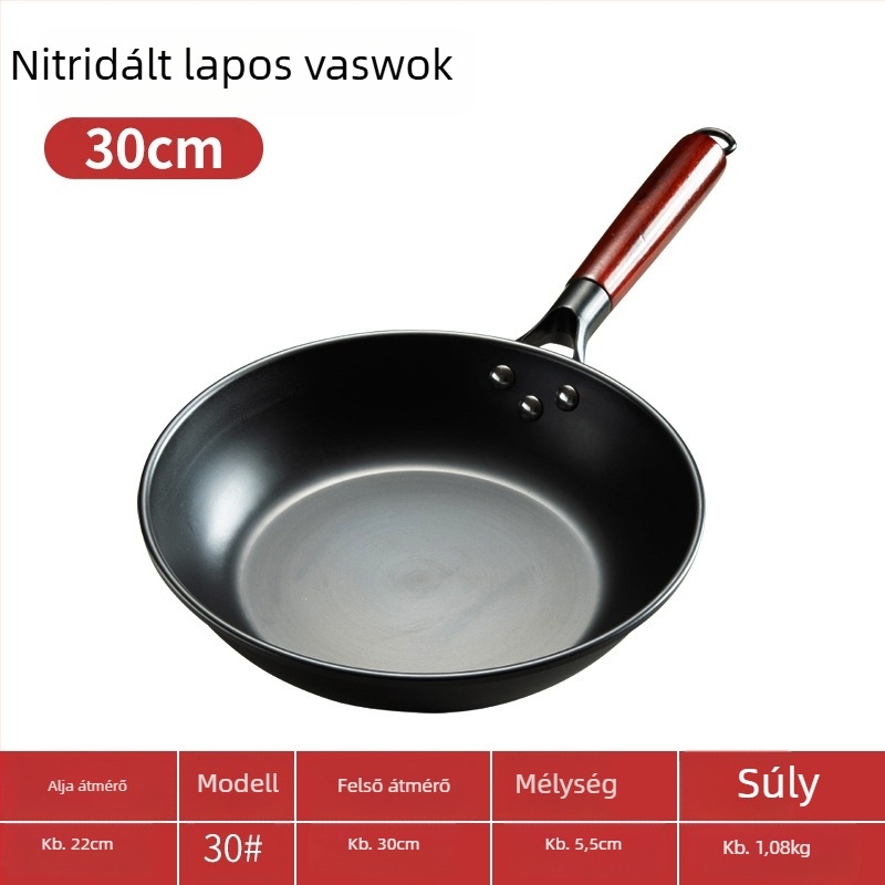 Nitridált lapos serpenyő finomvasból, egyaljú aljzattal, megfelelő gáz- és indukciós főzőlapokhoz, 1–3 kg