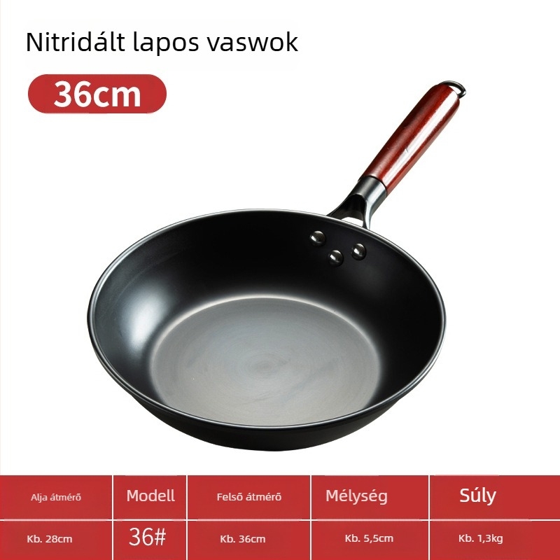 Nitridált lapos serpenyő finomvasból, egyaljú aljzattal, megfelelő gáz- és indukciós főzőlapokhoz, 1–3 kg