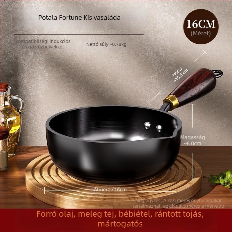 Kovácsoltvasból készült forróolajos serpenyő, 5,5 cm mély, 1 kg, univerzális főzőlaphoz