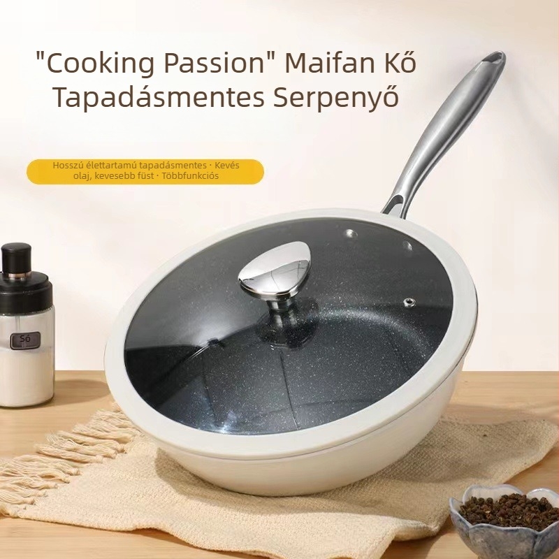 Maifan kőből készült serpenyő, kagyló alakú design, bevonat nélküli, dupla alj, üvegfedél, többfunkciós