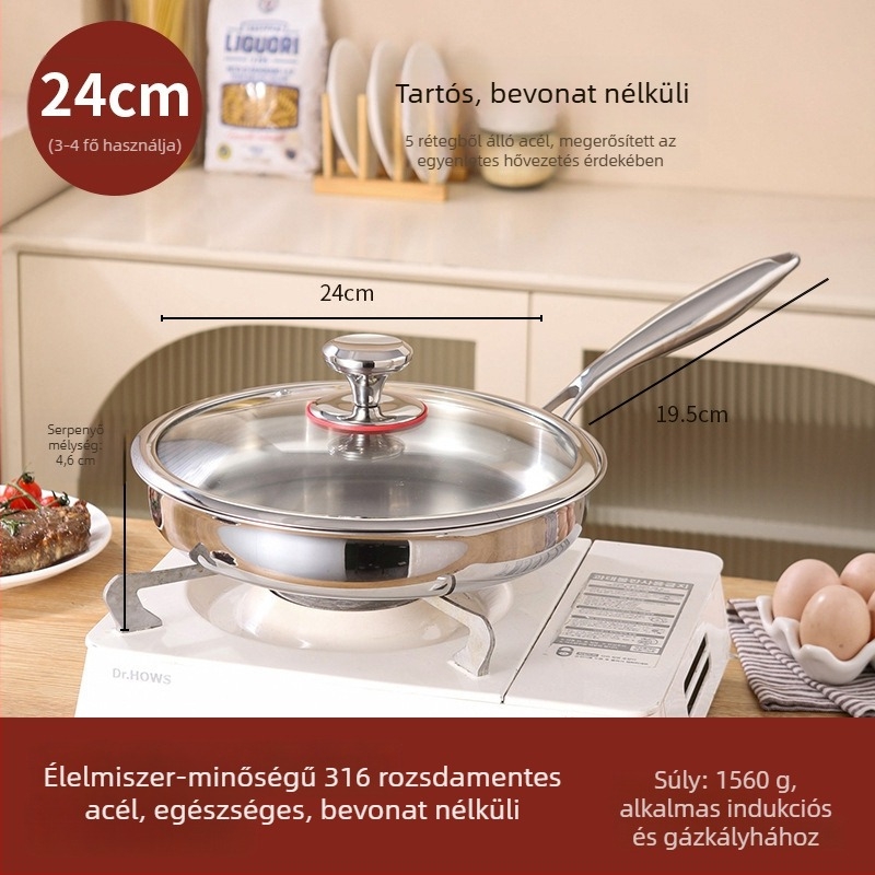 316 rozsdamentes acél lapos aljú serpenyő bevonat nélkül, élelmiszer-minőségű, vastított, indukciós tűzhelyhez