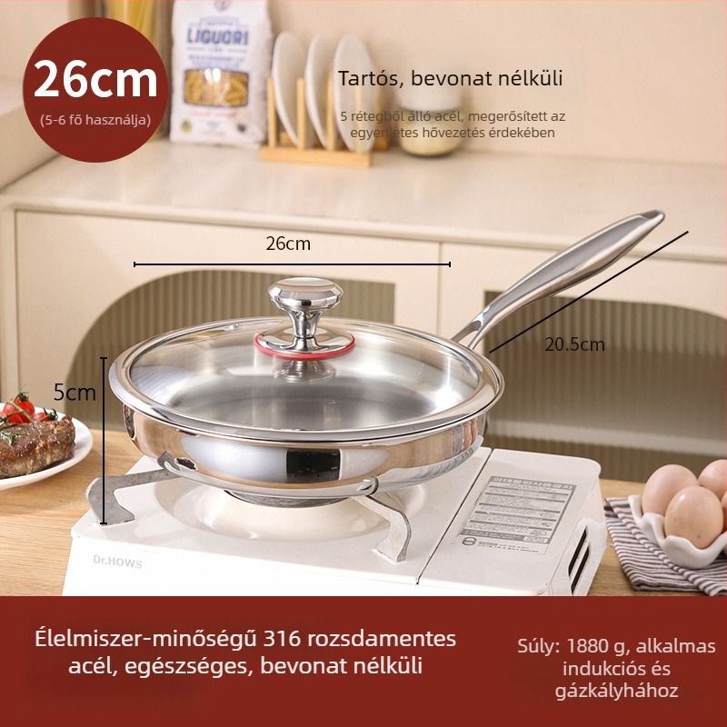 316 rozsdamentes acél lapos aljú serpenyő bevonat nélkül, élelmiszer-minőségű, vastított, indukciós tűzhelyhez