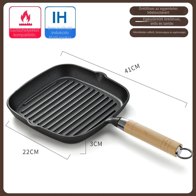 Öntöttvas serpenyő lapos alappal, NPJG modell, 3 cm mélység, 1 kg súly, füstmentes