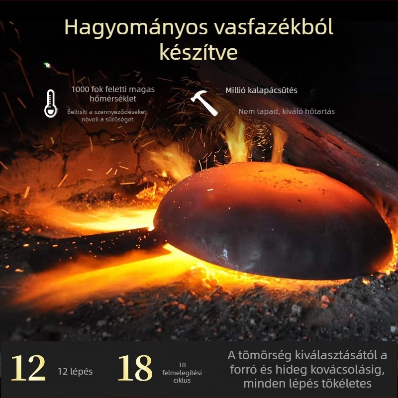 Kovított vasból készült serpenyő tükrös felülettel, kézzel kovácsolt, bevonat nélkül, egy aljjal, súly 1,15–1,75 kg, gáztűzhelyhez alkalmas