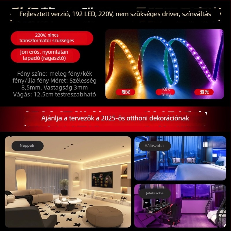 Nappali LED-szalag – dimmelhető, 192 LED, 7W, 220V, távirányító, vízálló, Sanan Optoelectronics LED-chip