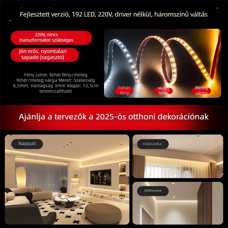 Nappali LED-szalag – dimmelhető, 192 LED, 7W, 220V, távirányító, vízálló, Sanan Optoelectronics LED-chip