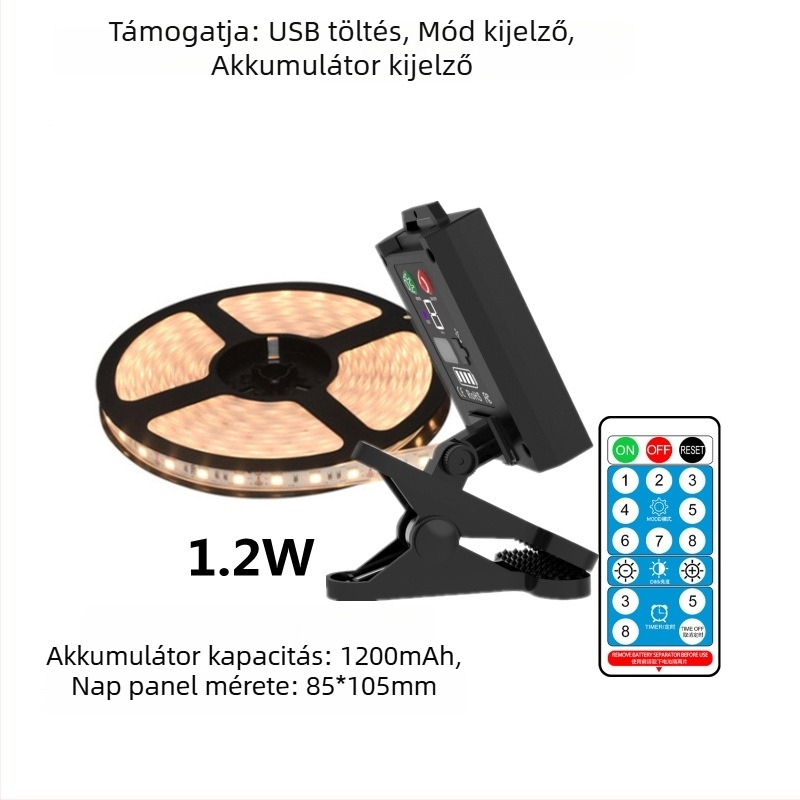 Napelemes LED-szalag kültéri udvar dekorációhoz (Tápellátás: Napelem, Akkumulátor, USB; Vezérlés: Gomb/Távirányító; Testreszabás elérhető)