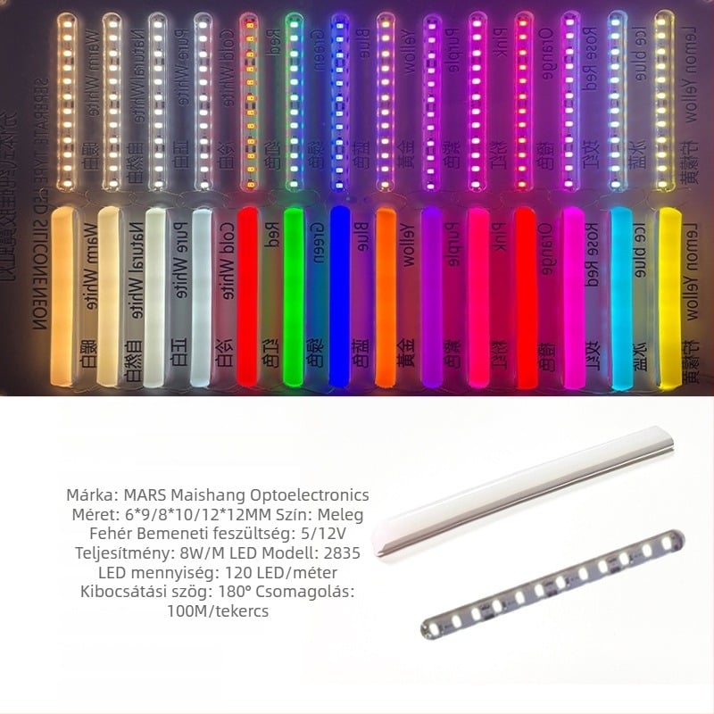 LED Szétválasztott Neon Szalag — rugalmas szilikon, vízálló kültéri reklámvilágítás; 8W/m, 5/12V, 110/120 LED (2835), 120° fénykibocsátási szög, élettartam 50 000 h