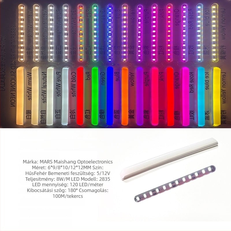 LED Szétválasztott Neon Szalag — rugalmas szilikon, vízálló kültéri reklámvilágítás; 8W/m, 5/12V, 110/120 LED (2835), 120° fénykibocsátási szög, élettartam 50 000 h