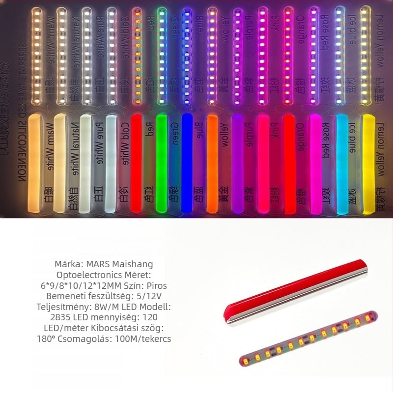 LED Szétválasztott Neon Szalag — rugalmas szilikon, vízálló kültéri reklámvilágítás; 8W/m, 5/12V, 110/120 LED (2835), 120° fénykibocsátási szög, élettartam 50 000 h