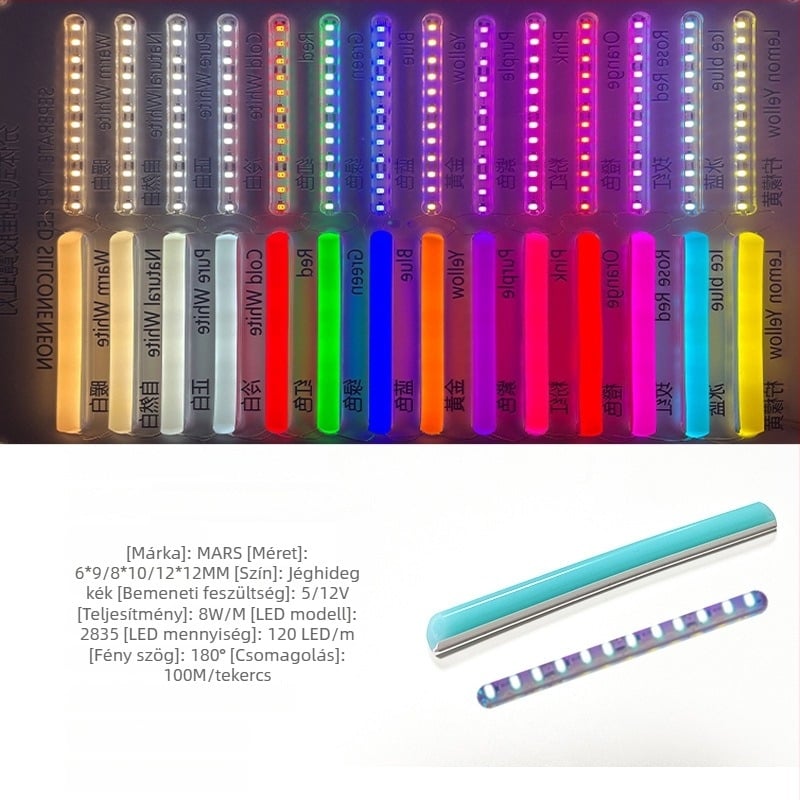 LED Szétválasztott Neon Szalag — rugalmas szilikon, vízálló kültéri reklámvilágítás; 8W/m, 5/12V, 110/120 LED (2835), 120° fénykibocsátási szög, élettartam 50 000 h