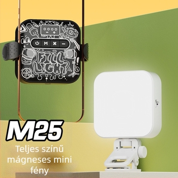 M25 hordozható fotófény okostelefonokra és kamerákhoz — 3,7V, 18650 akkumulátor, állítható fényerő.