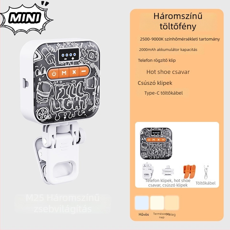 M25 hordozható fotófény okostelefonokra és kamerákhoz — 3,7V, 18650 akkumulátor, állítható fényerő.