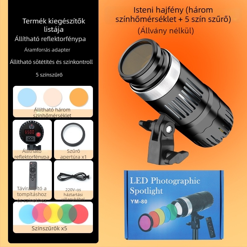 Hordozható fotózási világítás COB LED-del, 6500K hideg fehér, állítható fényerő, E27 foglalat, 24V/3A