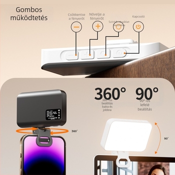 LED segédfény selfie- és videokonferenciákhoz, állítható színhőmérséklet 2500K–9900K, teljesítmény kevesebb mint 10W, bemeneti feszültség 5V/2A, modell XJ102