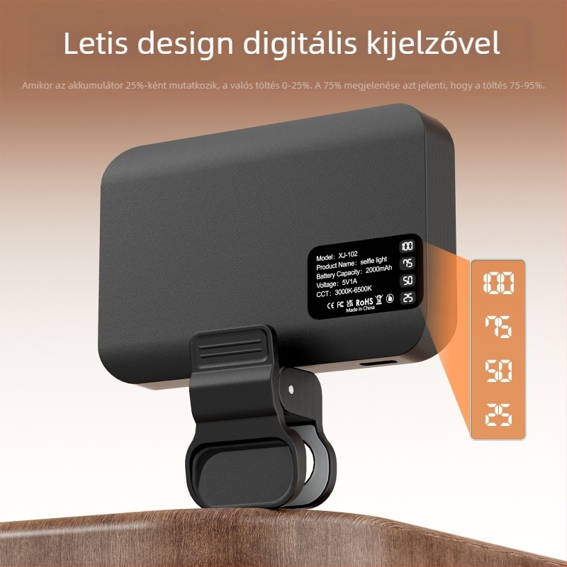 LED segédfény selfie- és videokonferenciákhoz, állítható színhőmérséklet 2500K–9900K, teljesítmény kevesebb mint 10W, bemeneti feszültség 5V/2A, modell XJ102