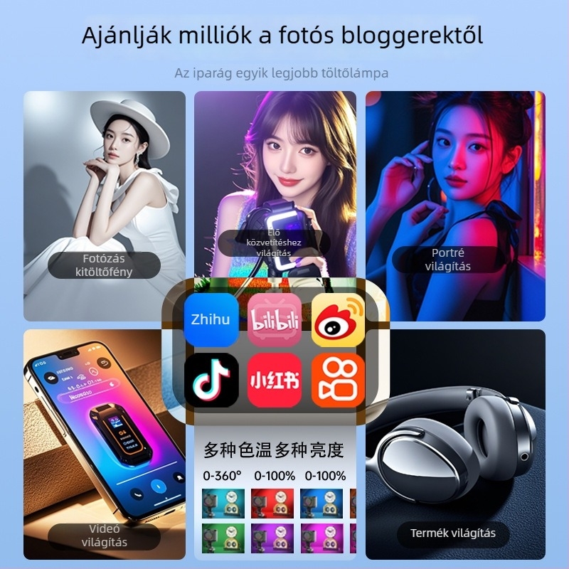 Kis RGB kiegészítő fény mobilfotózáshoz — kézi selfie lámpa többlépcsős fényerő-szabályozással, legfeljebb 10W, 3,7V, testreszabható feldolgozás