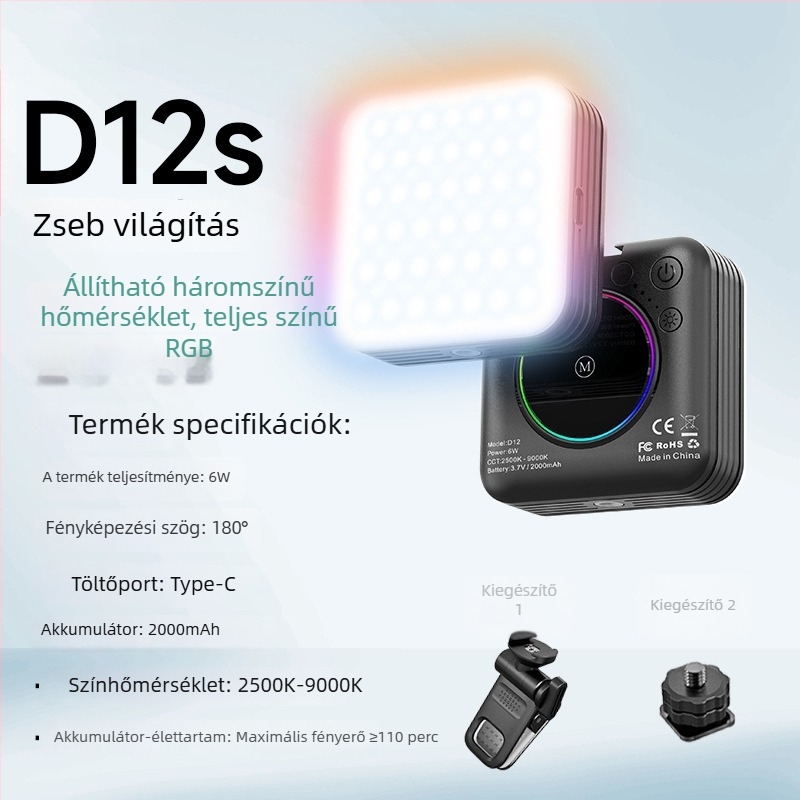 Kis RGB kiegészítő fény mobilfotózáshoz — kézi selfie lámpa többlépcsős fényerő-szabályozással, legfeljebb 10W, 3,7V, testreszabható feldolgozás