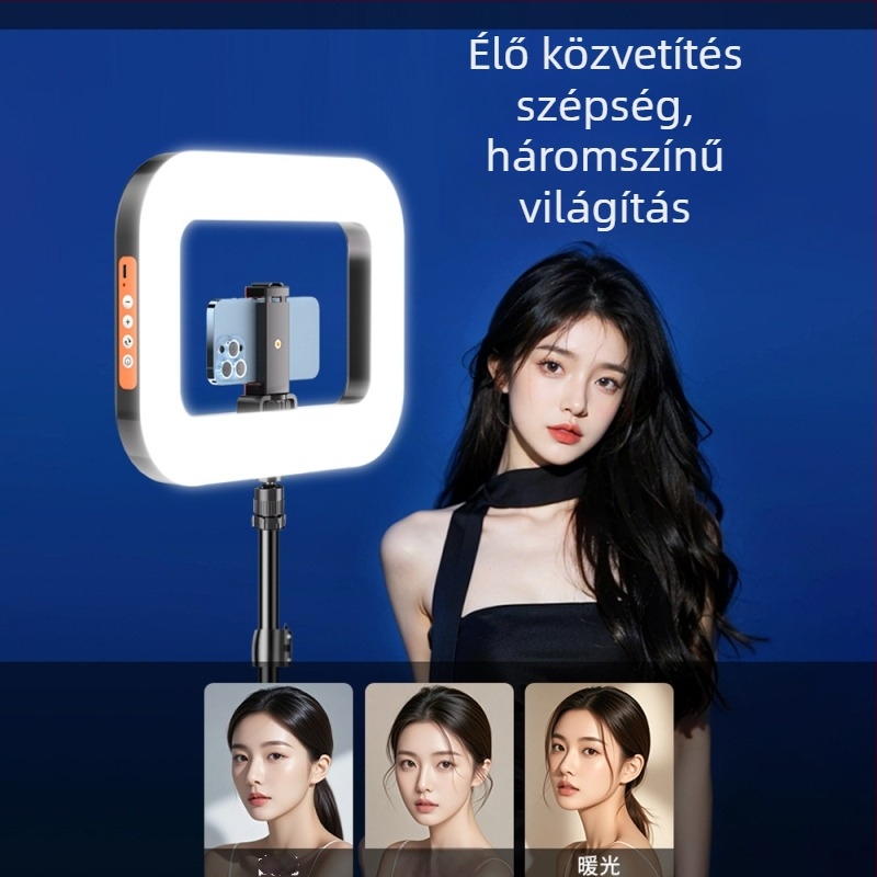 Kézi LED gyűrűs lámpa telefon-tartóval, YM-200, színhőmérséklet 2500K-9900K, teljesítmény 10-50W, feszültség 5V