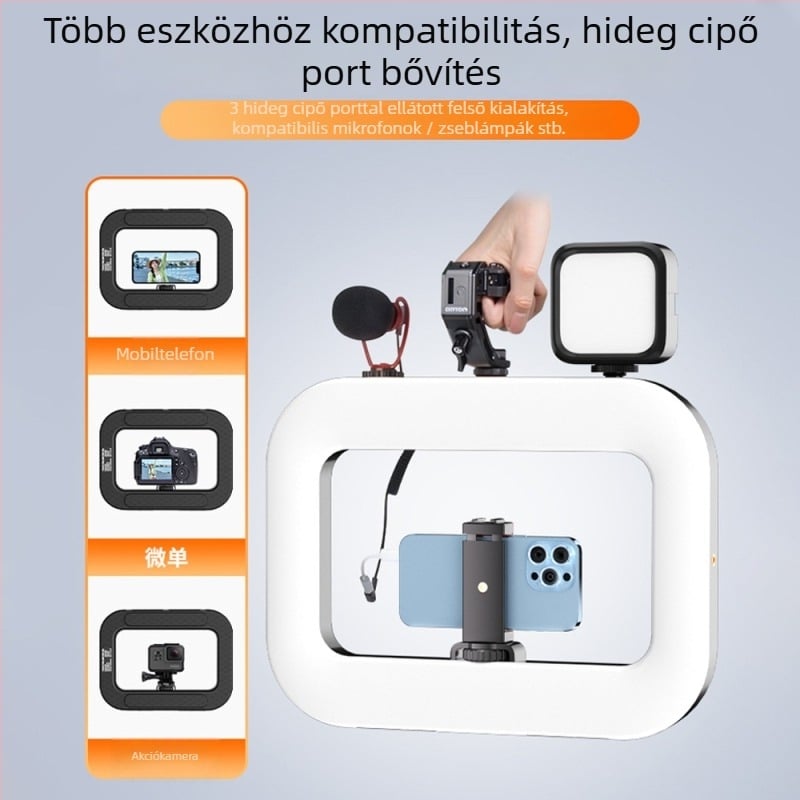 Kézi LED gyűrűs lámpa telefon-tartóval, YM-200, színhőmérséklet 2500K-9900K, teljesítmény 10-50W, feszültség 5V
