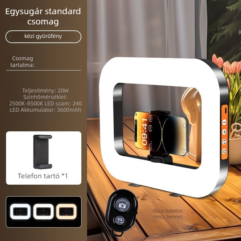 Kézi LED gyűrűs lámpa telefon-tartóval, YM-200, színhőmérséklet 2500K-9900K, teljesítmény 10-50W, feszültség 5V