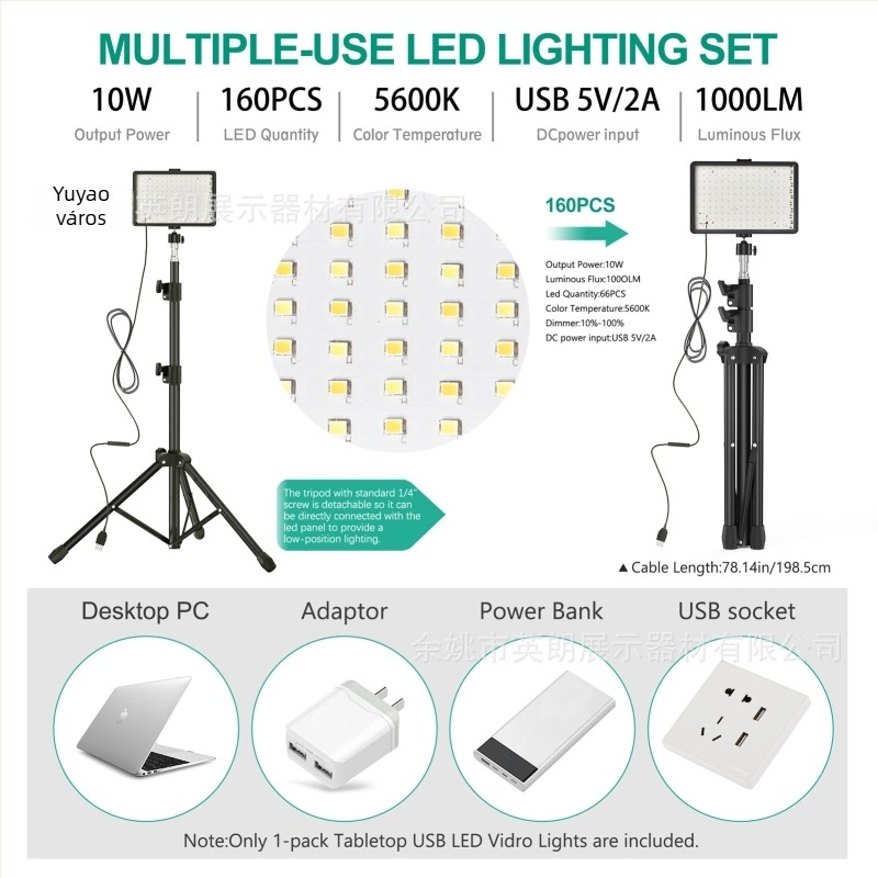 LED kitöltő fény fotózáshoz és élő közvetítéshez, kihúzható, modell YL-BGD01, 10W, 5V2A.