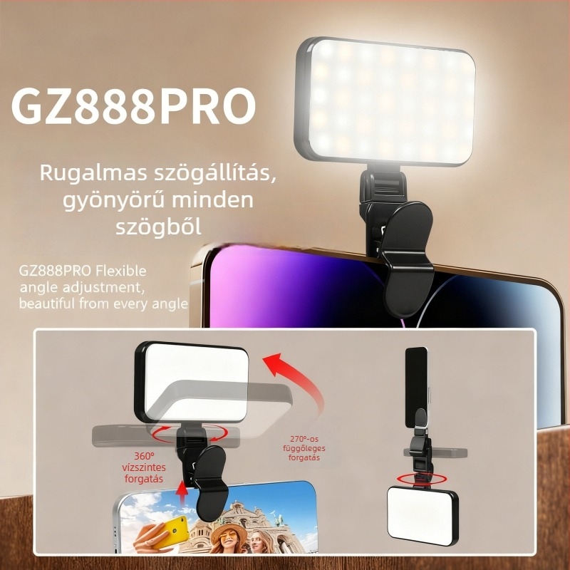 Clip-on LED töltőfény — dimmelhető, 2500–9900K színhőmérséklet, USB-tápellátás 10W alatt, mobiltelefonos szelfikhez és tablettel folytatott videokonferenciákhoz